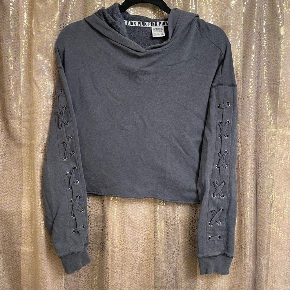 PINK Victorias Secret dark gray cropped long sleeve hoodie, S